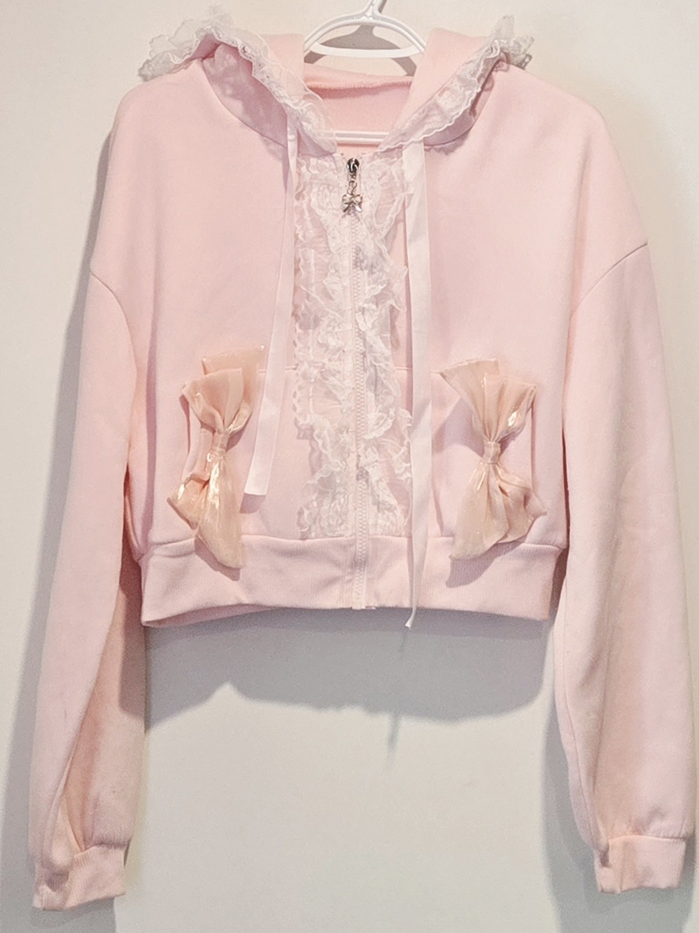 Kawaii Pink Lace Ruffle Bow Cropped Zip Up Hoodie
